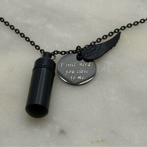 Black Cremation Urn Pendant Necklace with Wing Charm - Carry them with you